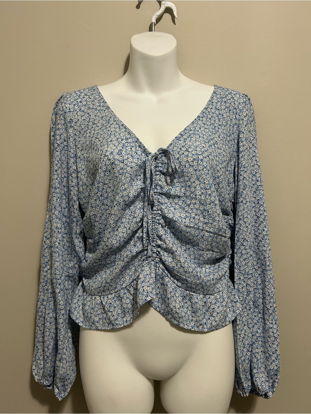 Blue Floral Ruched Tie-Front Top
